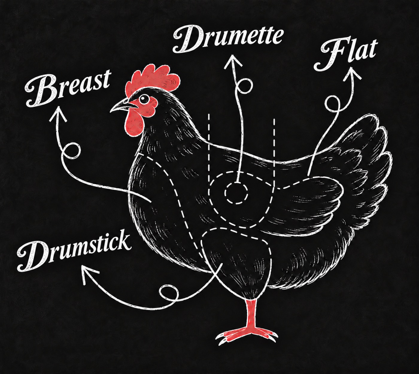 Chalk diagram of chicken cuts: breast, drumette, flat and drumstick